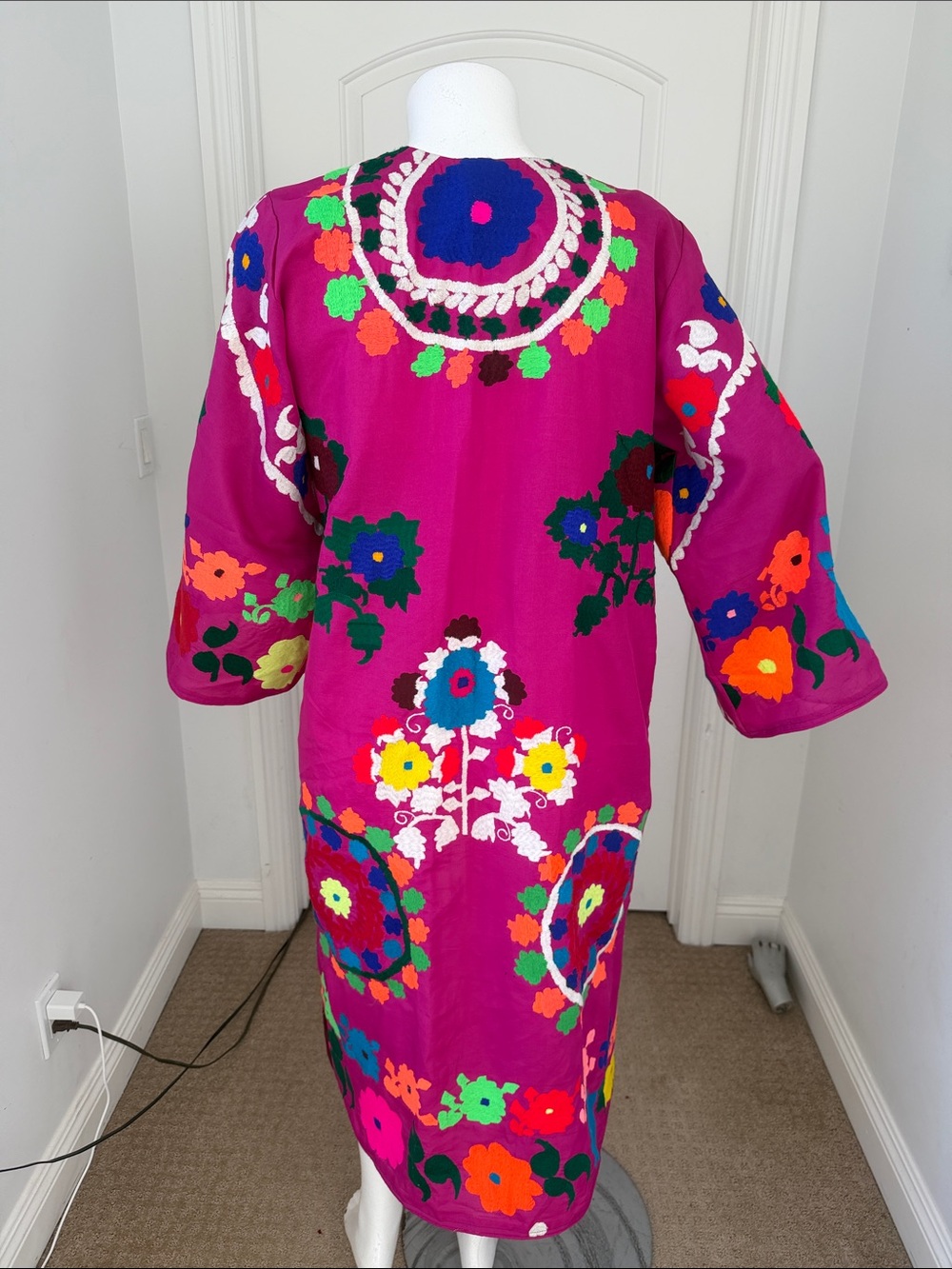 Vintage 70s Afghan Hand Embroidered Coat Floral Boho Folk Art Duster Maxi - Picture 10 of 11